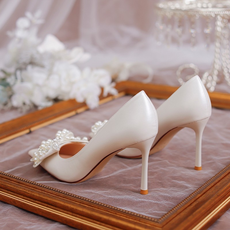 Women's Stiletto Heel Bride Wedding Dress Shoes White - Image 4