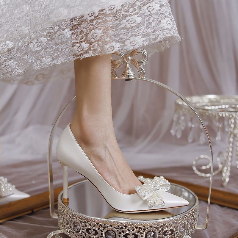 Women's Stiletto Heel Bride Wedding Dress Shoes White - Image 2