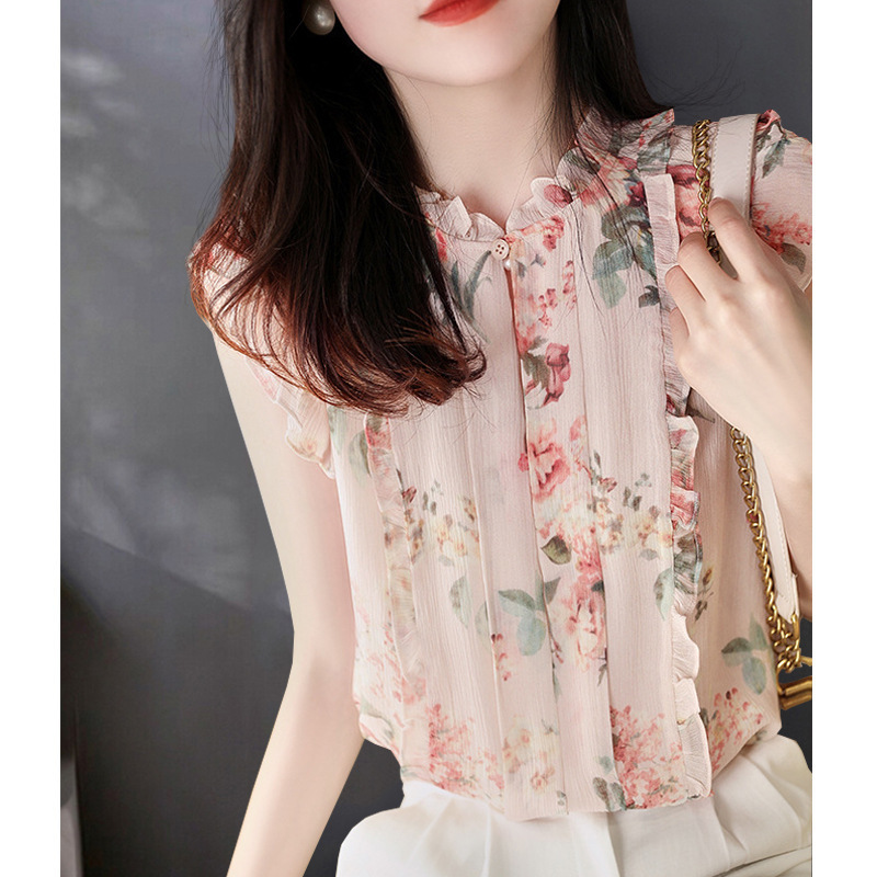 Sleeveless Ruffled Floral Women's Loose Sweet Chiffon Printed Top - Image 9