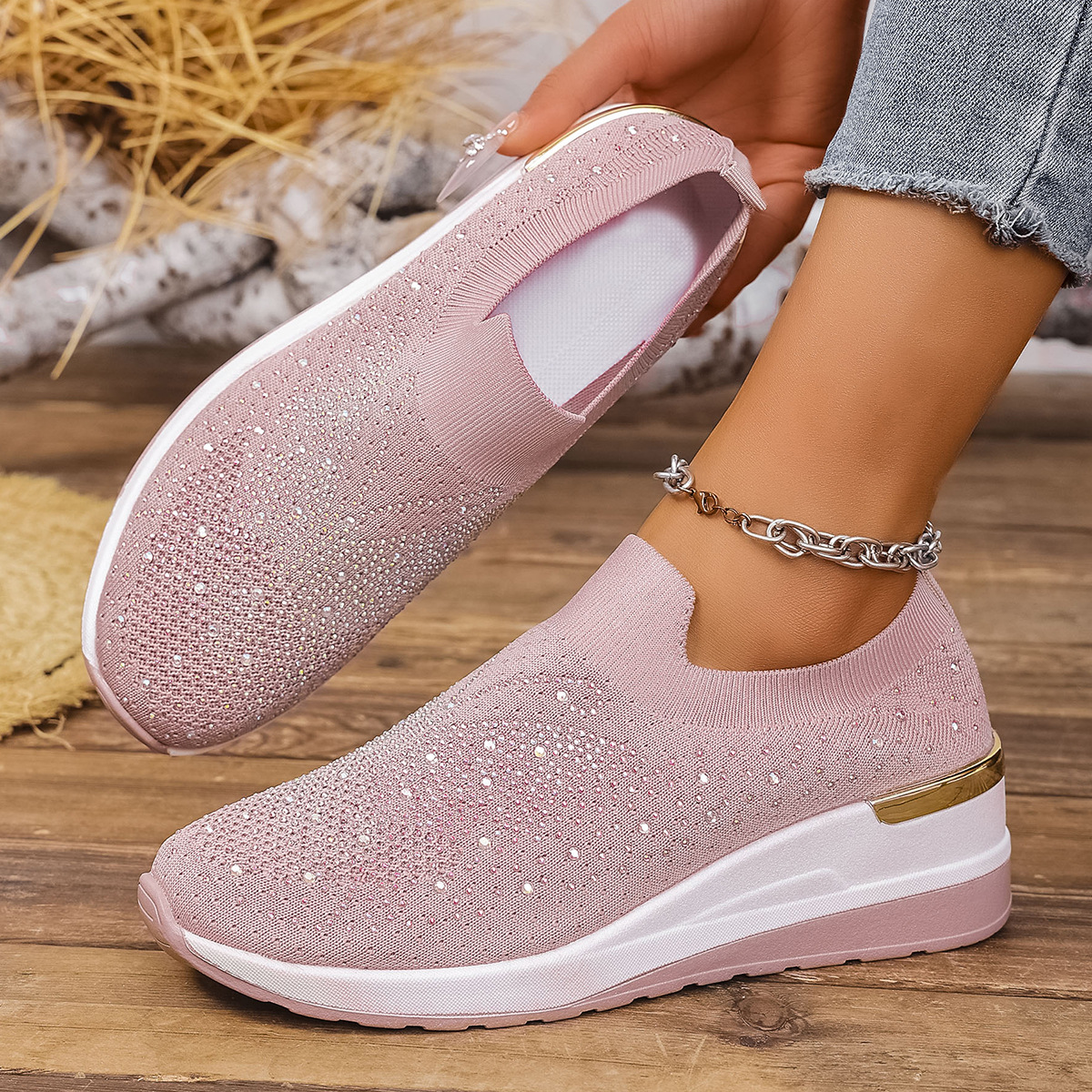 Pumps Women's Summer Wedge Round Toe Rhinestone Slip-on Women's Pumps Pumps - Image 4