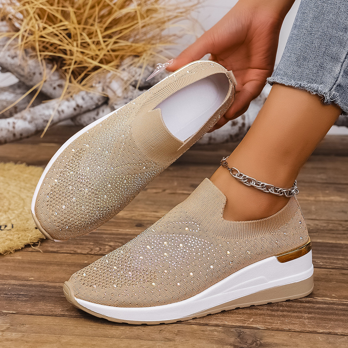 Pumps Women's Summer Wedge Round Toe Rhinestone Slip-on Women's Pumps Pumps - Image 10