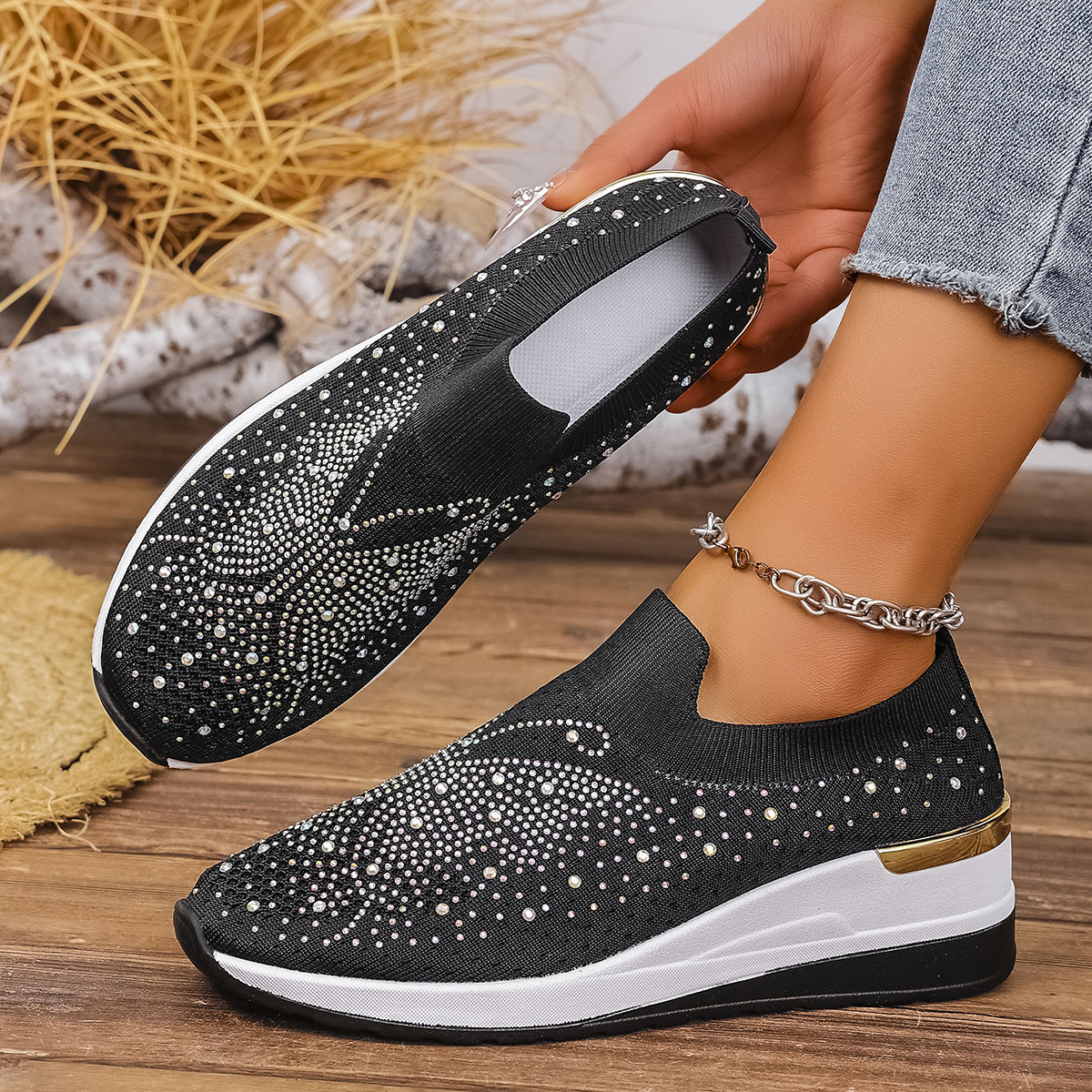 Pumps Women's Summer Wedge Round Toe Rhinestone Slip-on Women's Pumps Pumps - Image 2