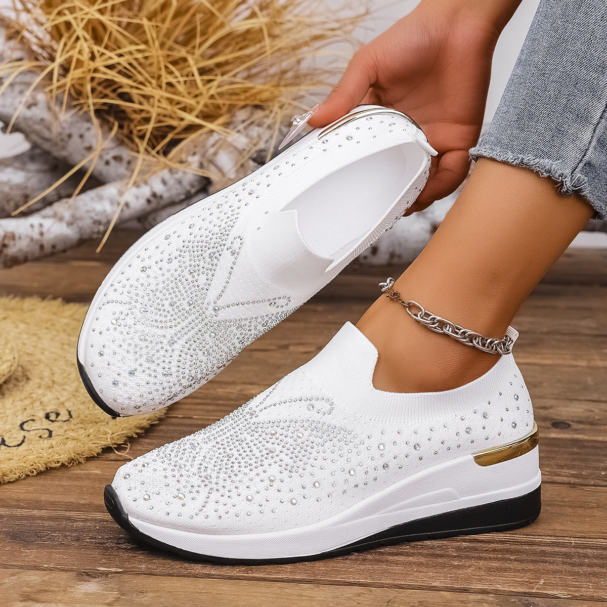 Pumps Women's Summer Wedge Round Toe Rhinestone Slip-on Women's Pumps Pumps - Image 7