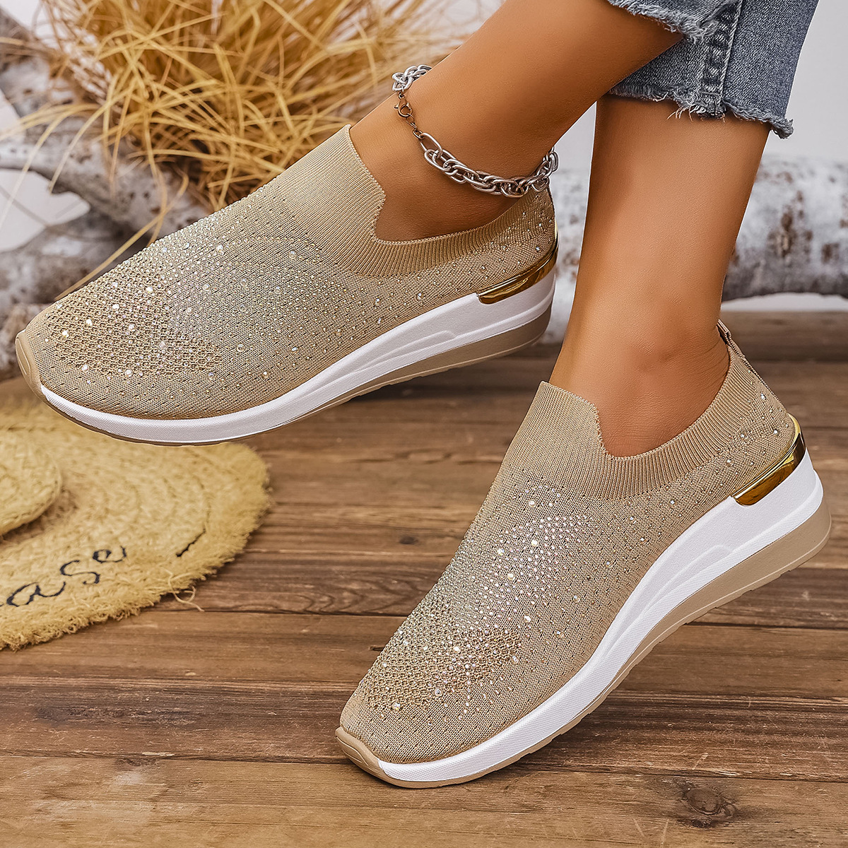 Pumps Women's Summer Wedge Round Toe Rhinestone Slip-on Women's Pumps Pumps - Image 5