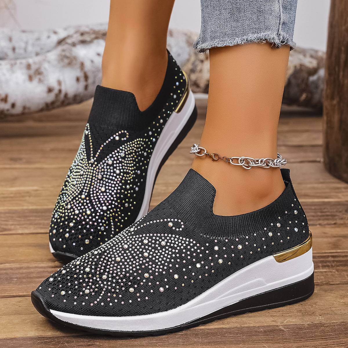 Pumps Women's Summer Wedge Round Toe Rhinestone Slip-on Women's Pumps Pumps - Image 3