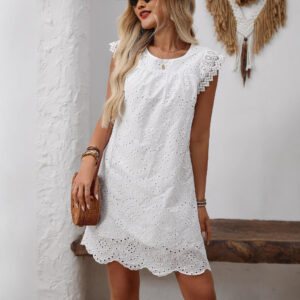 Women's Short-sleeved Solid Color Hollow Lining Dress