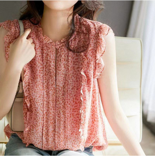 Sleeveless Ruffled Floral Women's Loose Sweet Chiffon Printed Top - Image 8