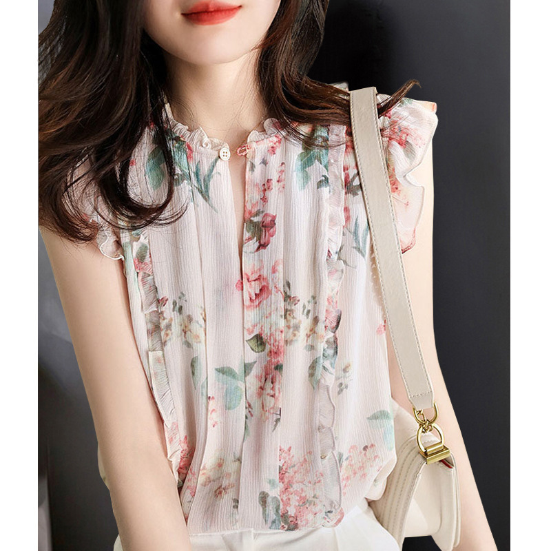 Sleeveless Ruffled Floral Women's Loose Sweet Chiffon Printed Top - Image 2