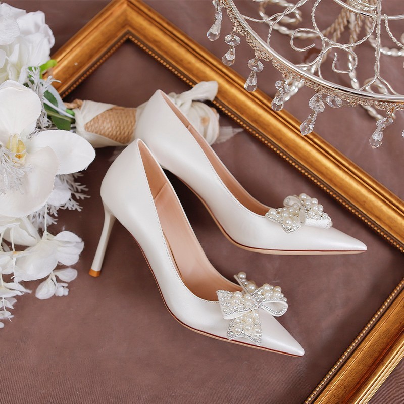 Women's Stiletto Heel Bride Wedding Dress Shoes White - Image 3
