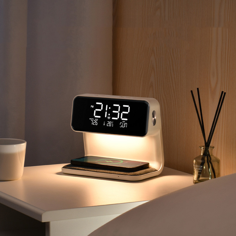 Creative 3 In 1 Bedside Lamp Wireless Charging LCD Screen Alarm Clock Wireless Phone Charger - Image 3