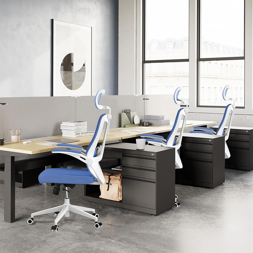 Ergonomic Office Chair, High Back Computer Desk Chair Comfortable Lumbar Support - Home Office Swivel Mesh Chair With Adjustable Headrest And Backrest, Flip Armrests,PU Mute Roller, Blue - Image 3