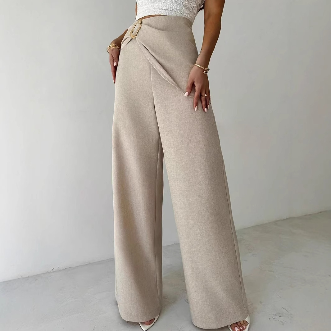 High Waist Beige Metal Buckle Wide Leg Pants - Image 3