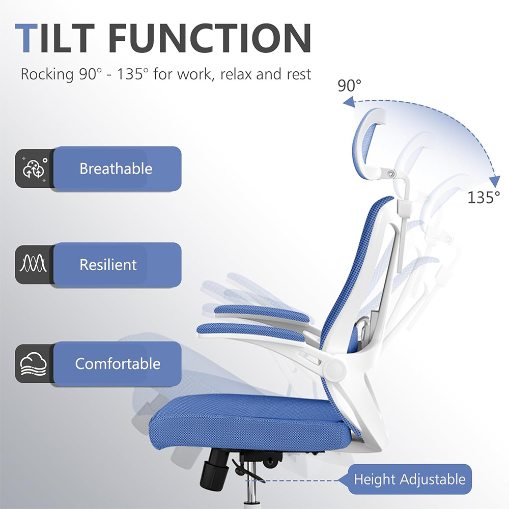 Ergonomic Office Chair, High Back Computer Desk Chair Comfortable Lumbar Support - Home Office Swivel Mesh Chair With Adjustable Headrest And Backrest, Flip Armrests,PU Mute Roller, Blue - Image 5