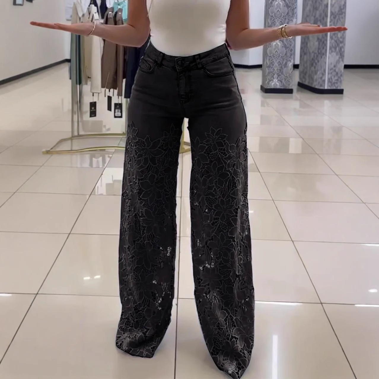 Y2K Lace Flowers Hollow Jeans Fashion High Waist Straight Wide Leg Pants Solid Color Trousers Women's Clothing - Image 3