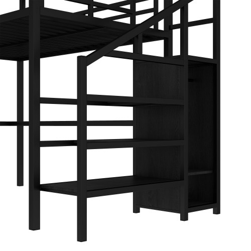 Full Size Loft Bed With L-shaped Desk And USB, Metal Loft Bed With Wardrobe And Adjustable Shelf, High Loft Bed With LED For Kids Teens Adults, Black - Image 5