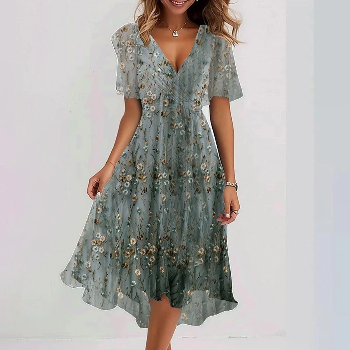 Chiffon Printed Short Sleeve Dress Summer Elegant V-neck Dresses Womens Clothing - Image 8
