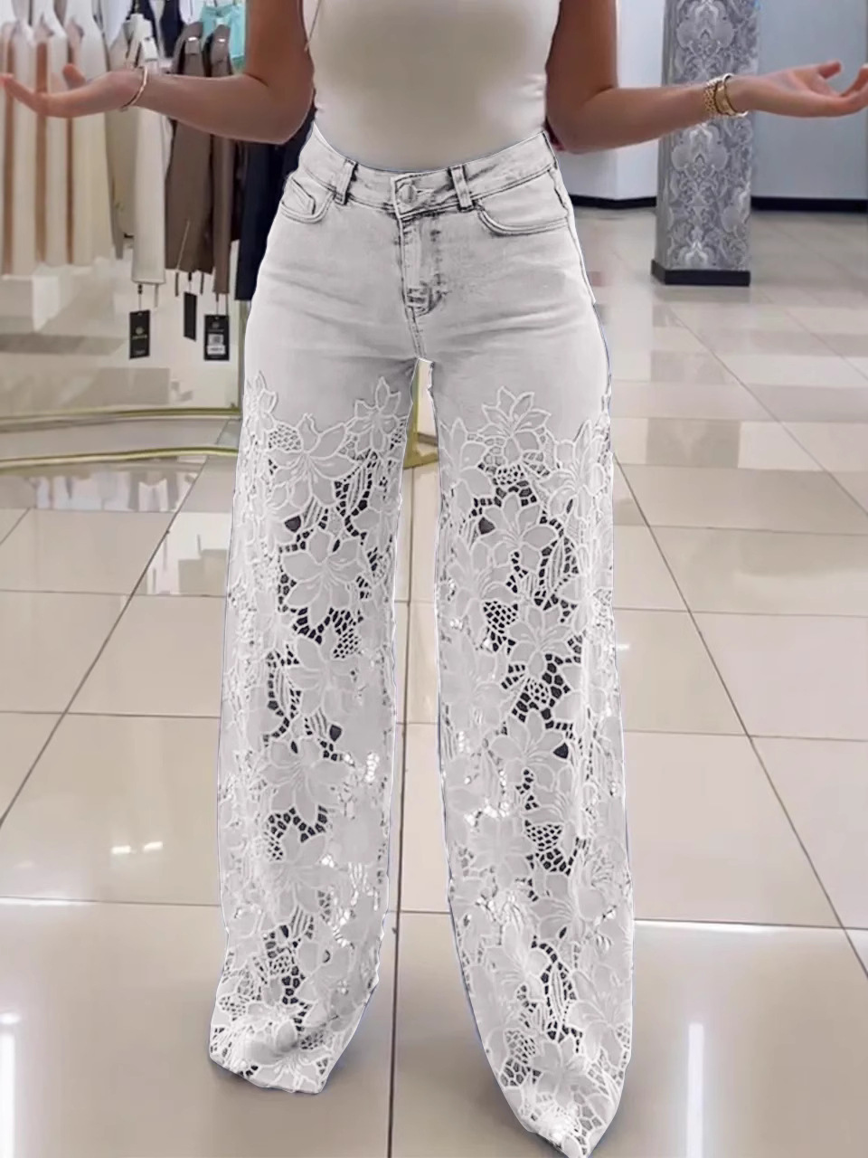 Y2K Lace Flowers Hollow Jeans Fashion High Waist Straight Wide Leg Pants Solid Color Trousers Women's Clothing - Image 6