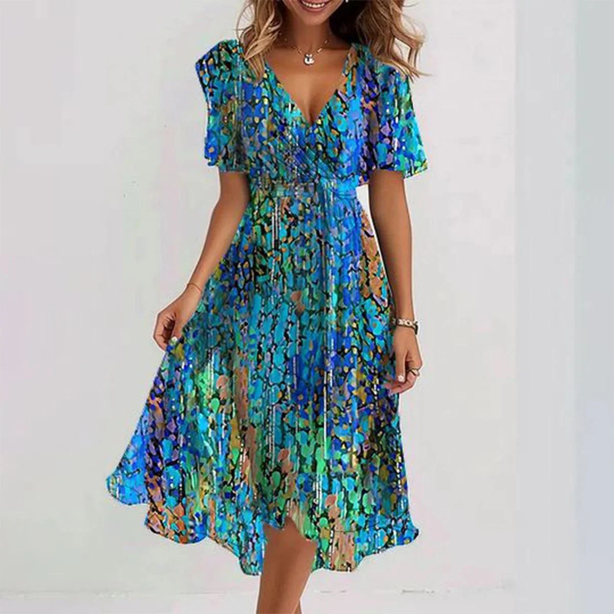Chiffon Printed Short Sleeve Dress Summer Elegant V-neck Dresses Womens Clothing - Image 9