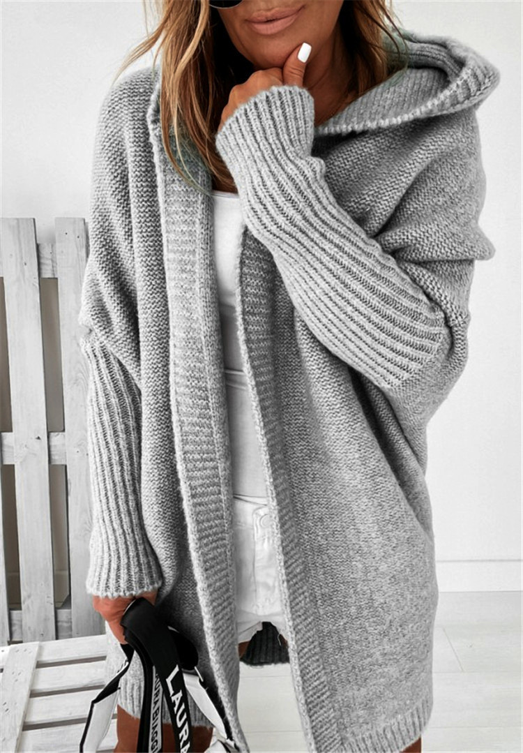 Fashion Bat Sleeve Hooded Cardigan Oversized Loose Temperament Solid Color Sweater Womens Clothing - Image 8