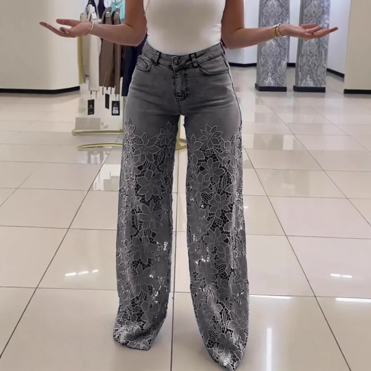 Y2K Lace Flowers Hollow Jeans Fashion High Waist Straight Wide Leg Pants Solid Color Trousers Women's Clothing - Image 4