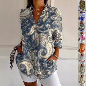 Flowers Print Long Sleeve Shirt Fashion Stand Collar Button Tops For Women Clothing