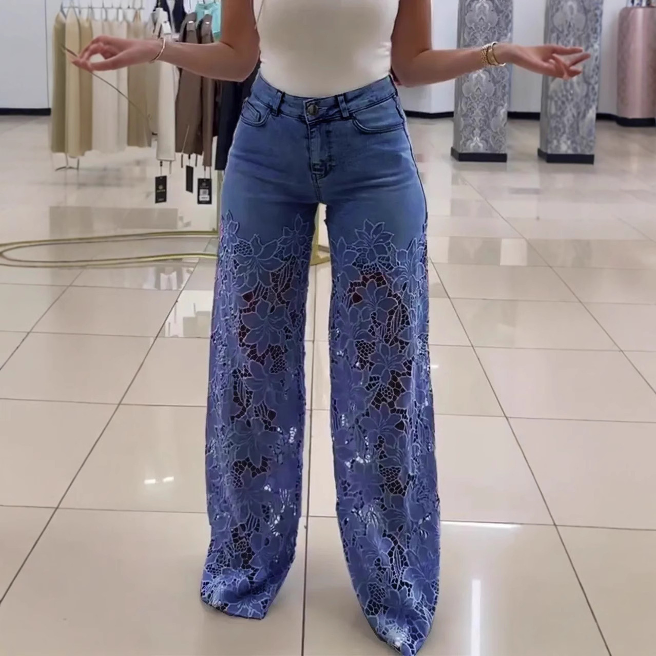 Y2K Lace Flowers Hollow Jeans Fashion High Waist Straight Wide Leg Pants Solid Color Trousers Women's Clothing - Image 5