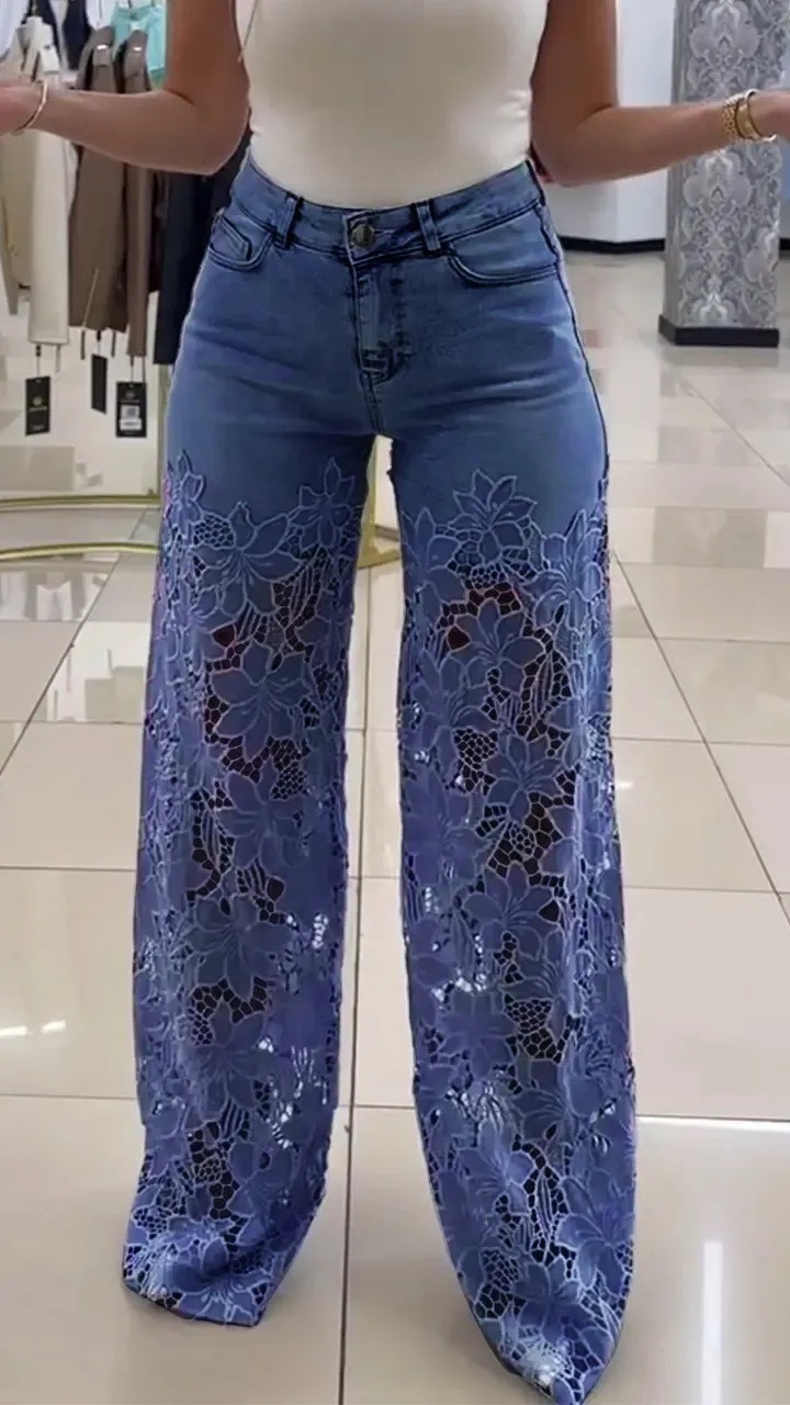 Y2K Lace Flowers Hollow Jeans Fashion High Waist Straight Wide Leg Pants Solid Color Trousers Women's Clothing - Image 9