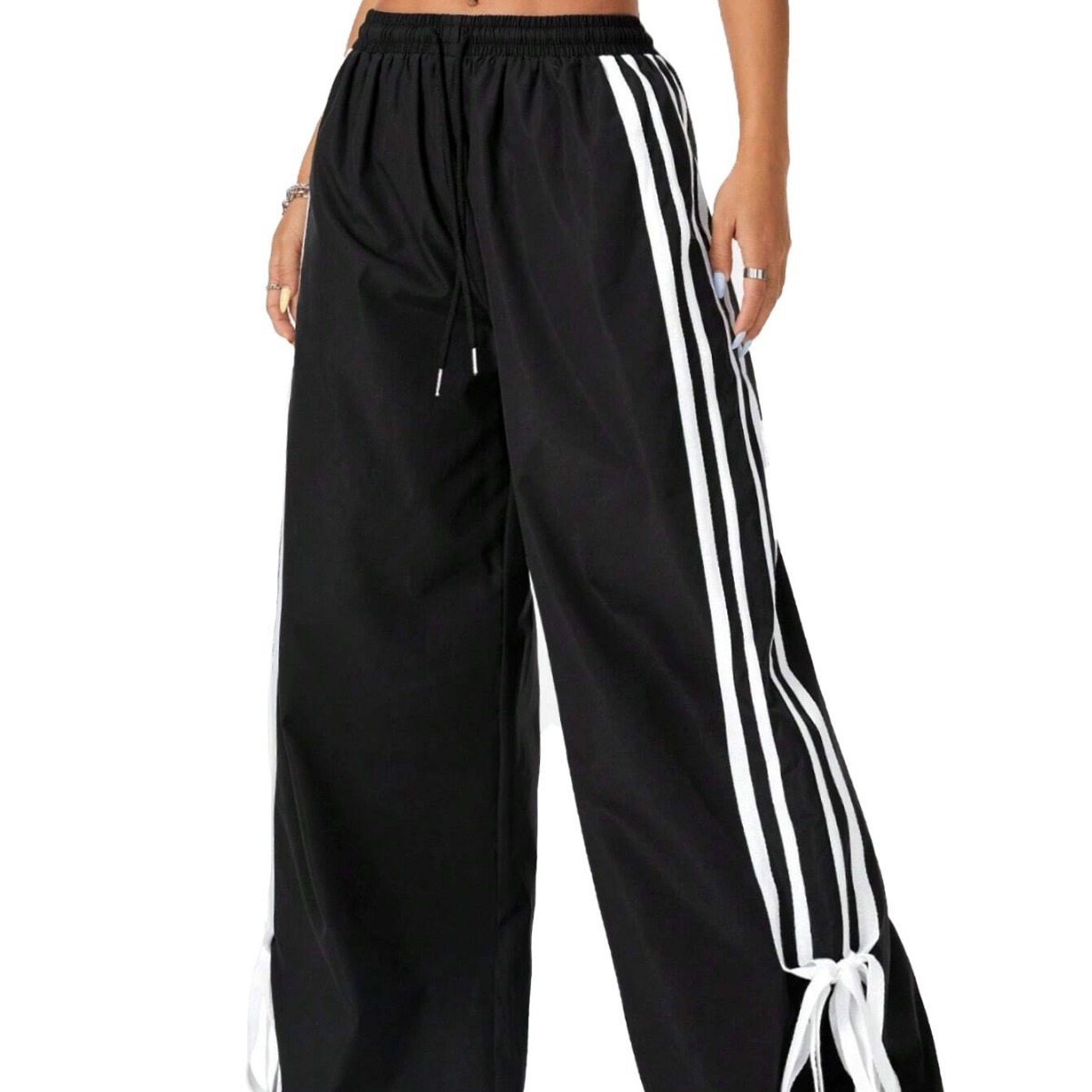 High Waist Wide Leg Pants Women's Spring Summer New Style Three Bars Drawstring Cuffed Straight Casual Extended Sports Trousers - Image 4