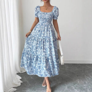 Elegant Idle Style Printed Square Collar Loose Long Puff Sleeve Dress