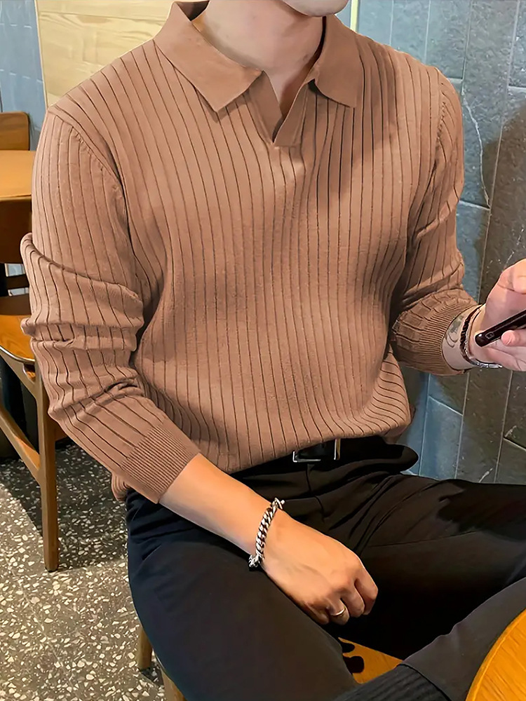 Lapel Texture Stretch Slim Knit Polo Shirt Men Polo Shirt Fashion Waffle Long-sleeved Tops Clothing Casual Comfortable Golf Men's Clothing - Image 6