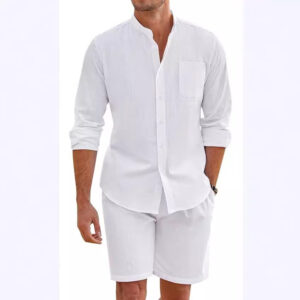 Men's Cotton Linen Comfortable Long Sleeve Shirt Shorts Suit
