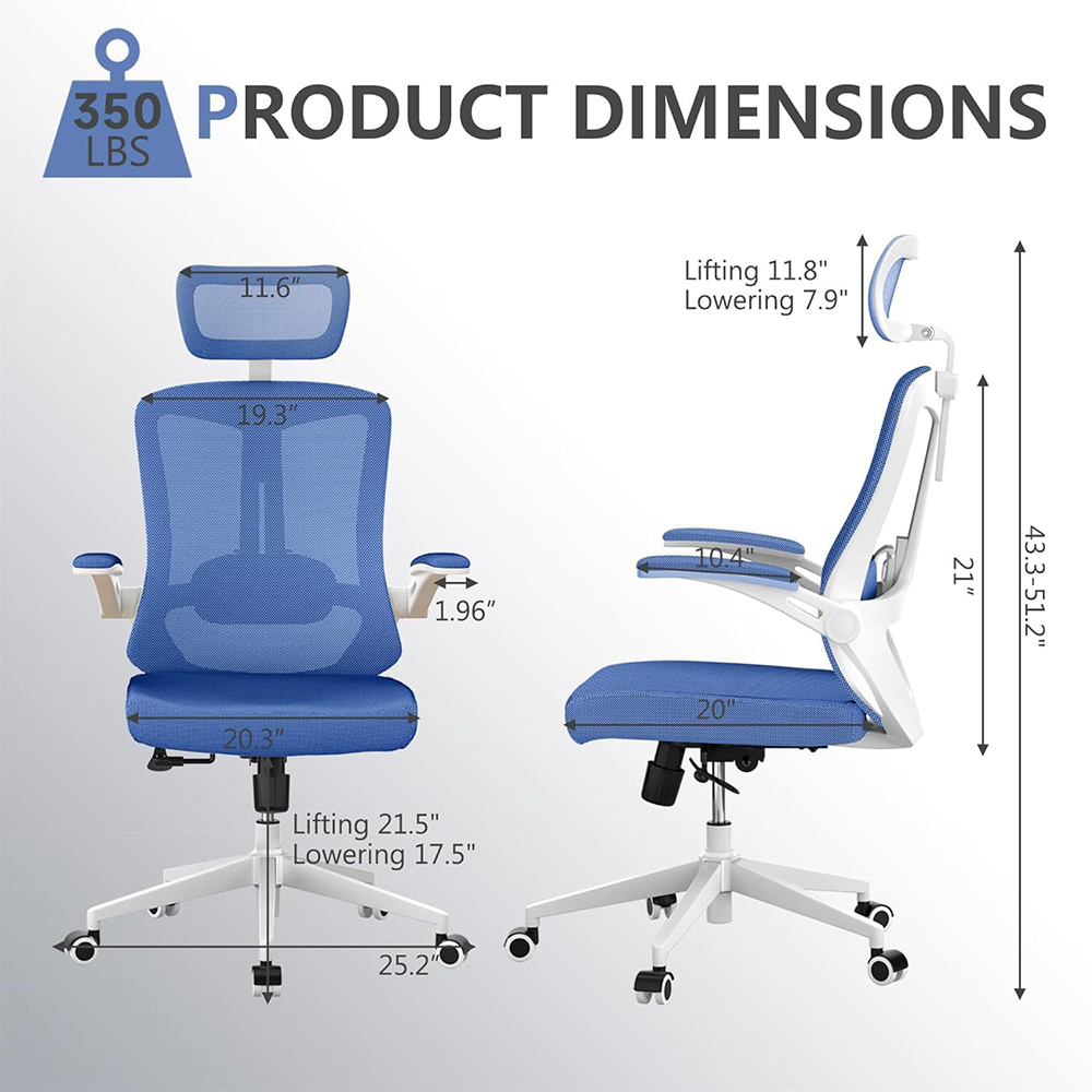 Ergonomic Office Chair, High Back Computer Desk Chair Comfortable Lumbar Support - Home Office Swivel Mesh Chair With Adjustable Headrest And Backrest, Flip Armrests,PU Mute Roller, Blue - Image 4