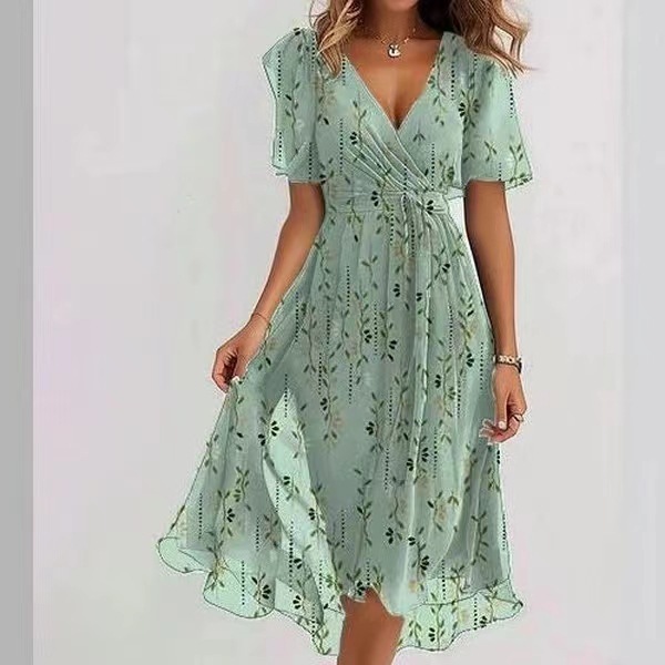 Chiffon Printed Short Sleeve Dress Summer Elegant V-neck Dresses Womens Clothing - Image 7
