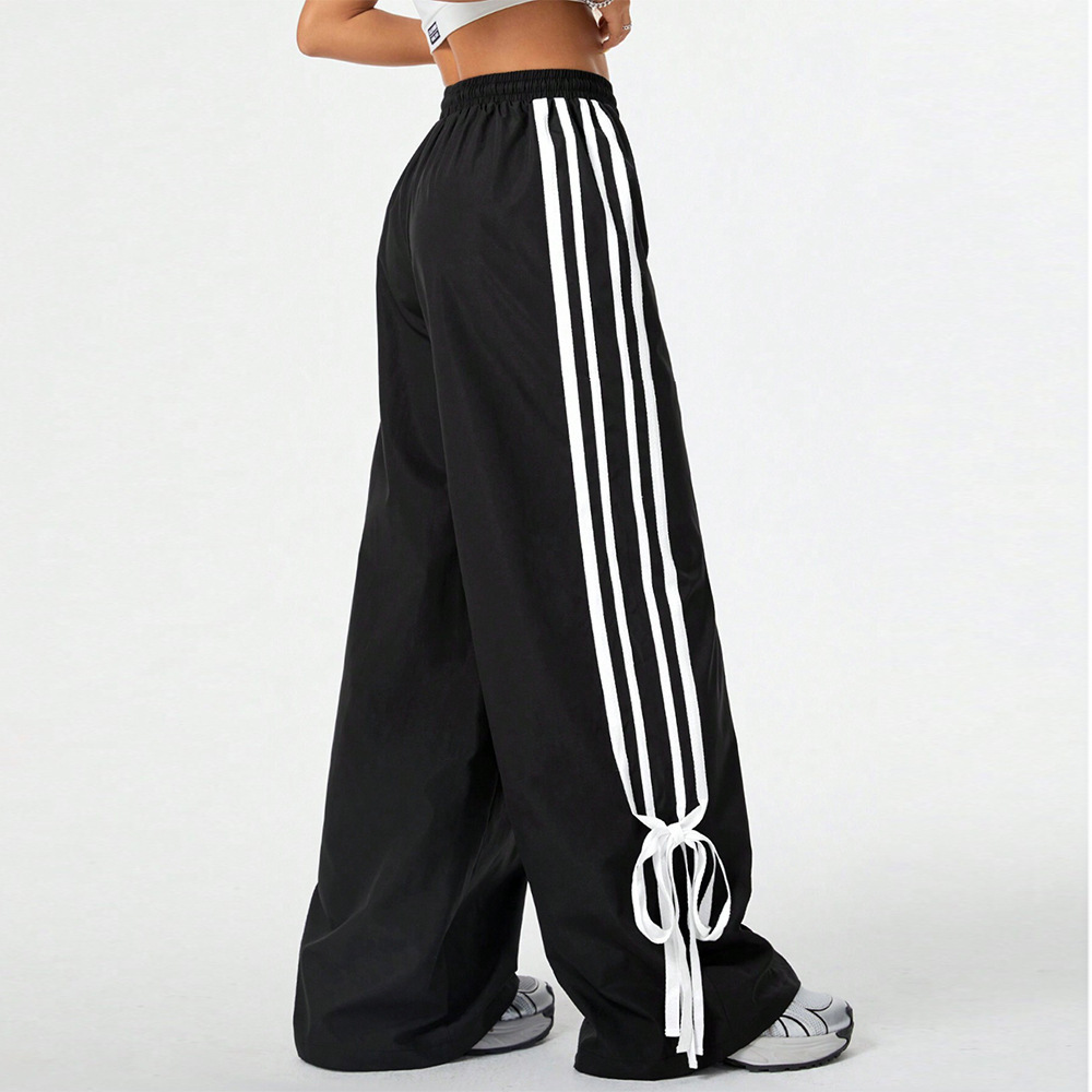 High Waist Wide Leg Pants Women's Spring Summer New Style Three Bars Drawstring Cuffed Straight Casual Extended Sports Trousers - Image 3