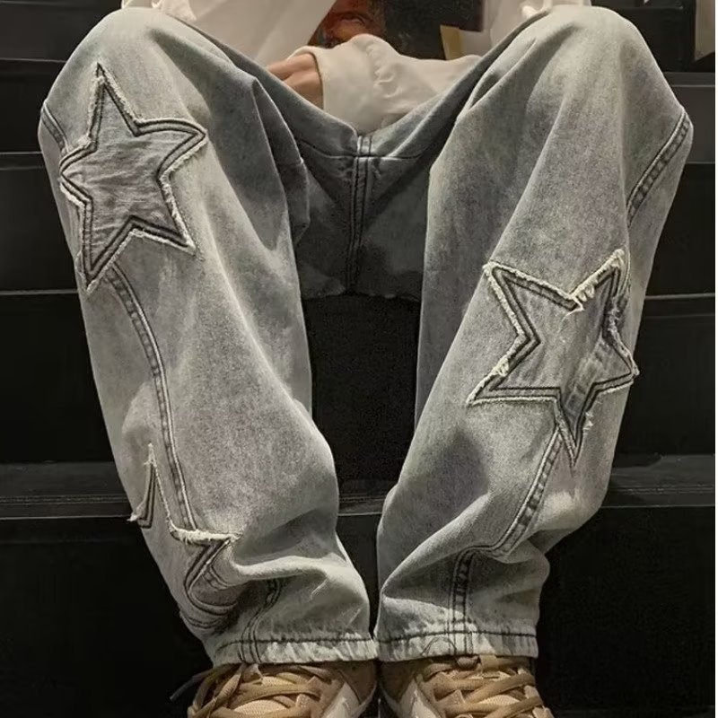 Star Embroidery Straight Casual Men Jeans Gothic Neutral New Wide Leg Loose Hip-hop Fashion Youth Streetwear Denim Trousers Y2K - Image 2