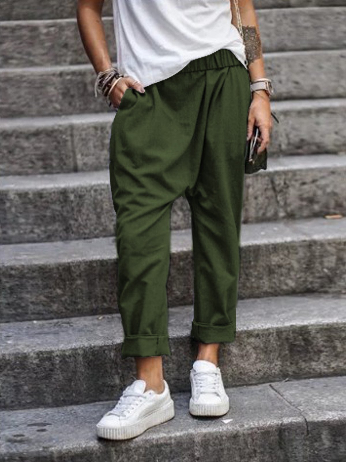 Women's Casual Pants With Pockets Elastic High Waist Harem Trousers Fashion Streetwear Clothing - Image 4