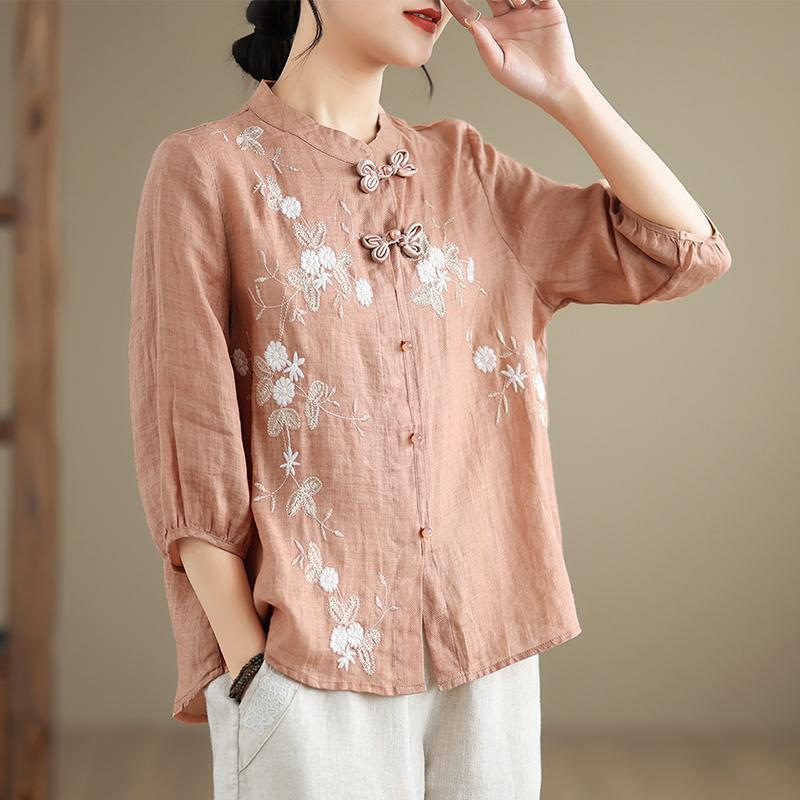 Chinese Button Knots Embroidered Women's Three-quarter Sleeve Cotton And Linen Top - Image 3