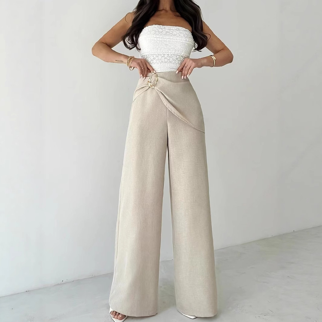 High Waist Beige Metal Buckle Wide Leg Pants - Image 2