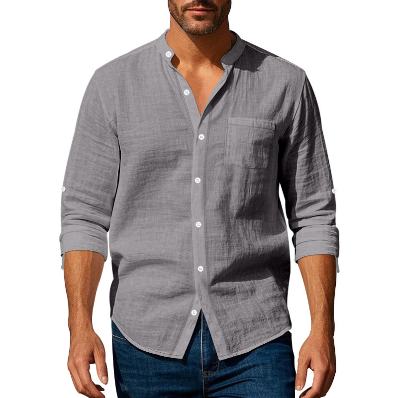 Long Sleeve Stand Collar Shirt With Pockets Casual Men's Clothing - Image 7