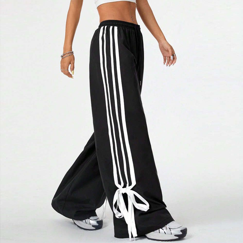 High Waist Wide Leg Pants Women's Spring Summer New Style Three Bars Drawstring Cuffed Straight Casual Extended Sports Trousers - Image 2