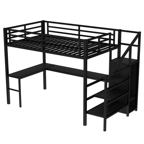 Full Size Loft Bed With L-shaped Desk And USB, Metal Loft Bed With Wardrobe And Adjustable Shelf, High Loft Bed With LED For Kids Teens Adults, Black - Image 4