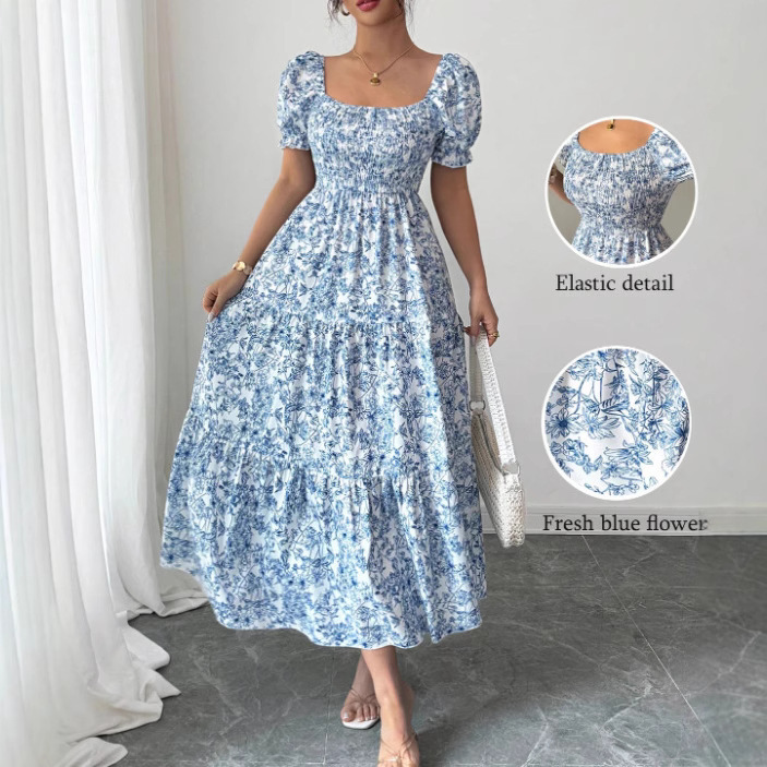 Elegant Idle Style Printed Square Collar Loose Long Puff Sleeve Dress - Image 2