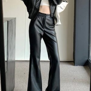 Slim Fit Leather Bootcut Trousers Slimming High Waist Casual Leather Pants