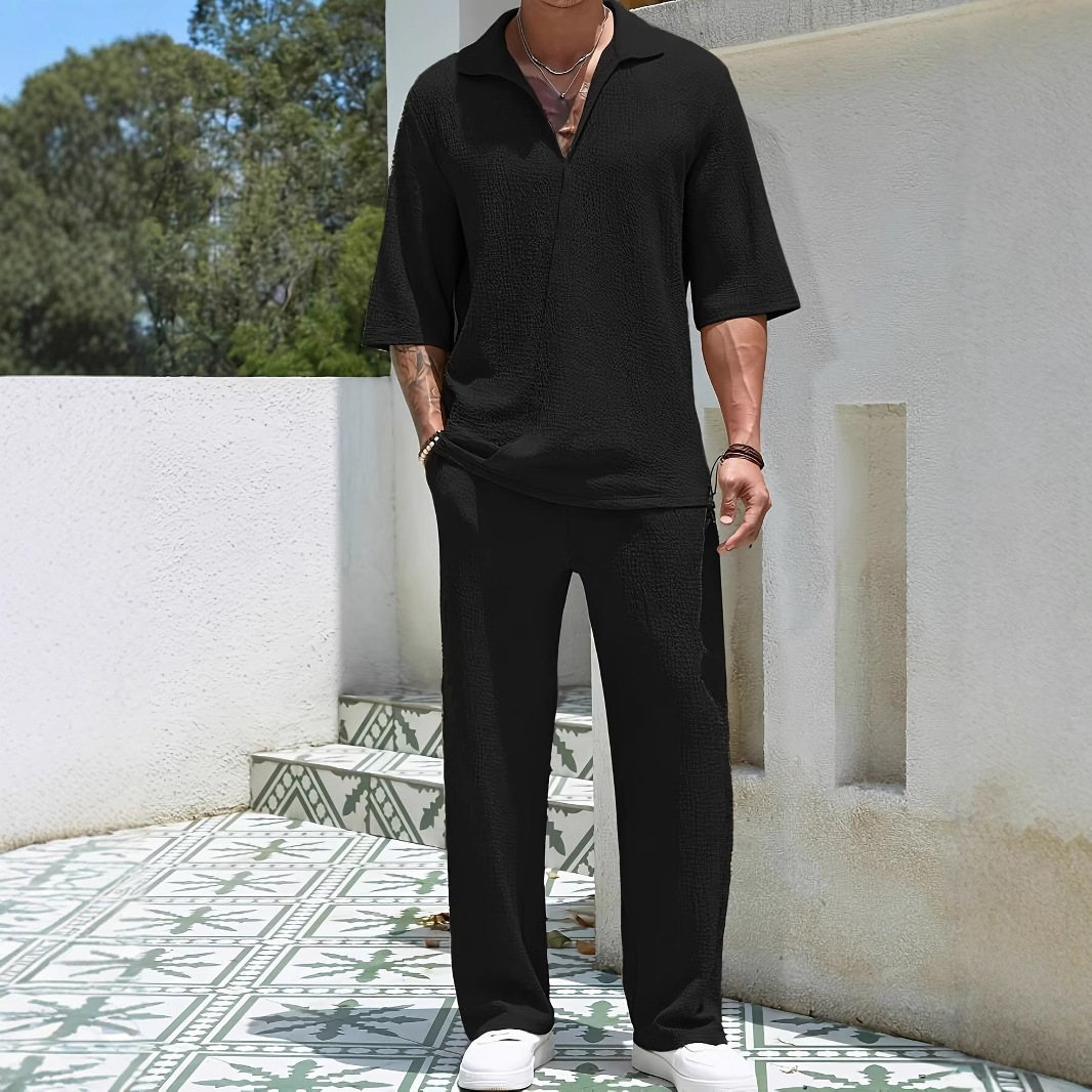 Commuter Men's Casual Shirt Solid Color Half Sleeve Trousers Two-piece Suit - Image 2