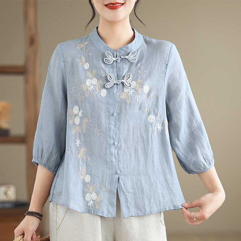 Chinese Button Knots Embroidered Women's Three-quarter Sleeve Cotton And Linen Top - Image 5