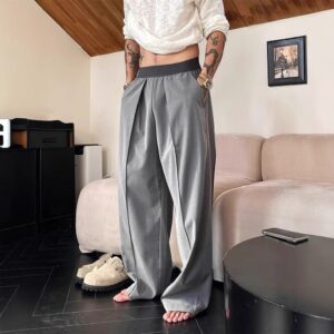Simple Contrast Color Elastic Waist Casual Pants Men's Fashion Wide-leg Trousers