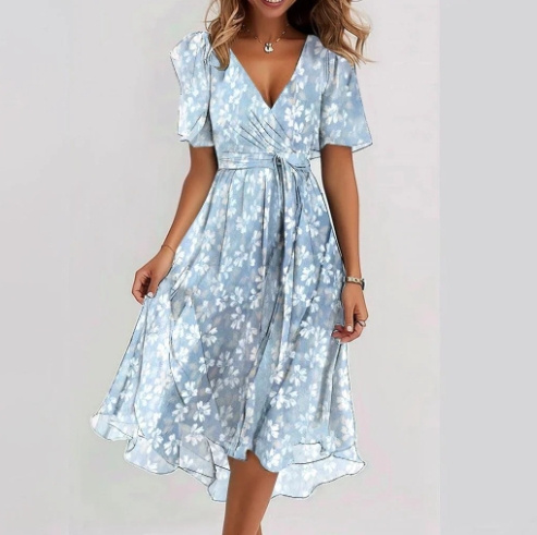 Chiffon Printed Short Sleeve Dress Summer Elegant V-neck Dresses Womens Clothing - Image 6