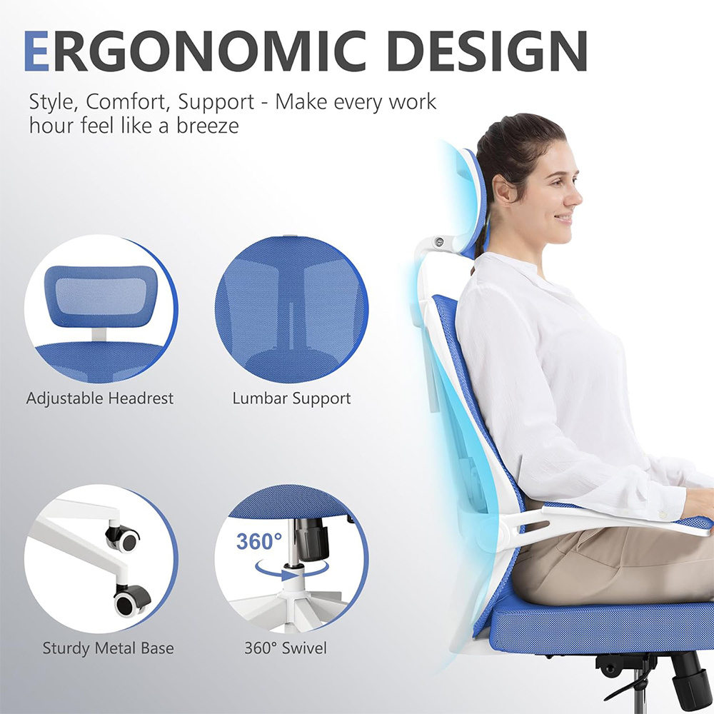 Ergonomic Office Chair, High Back Computer Desk Chair Comfortable Lumbar Support - Home Office Swivel Mesh Chair With Adjustable Headrest And Backrest, Flip Armrests,PU Mute Roller, Blue - Image 2