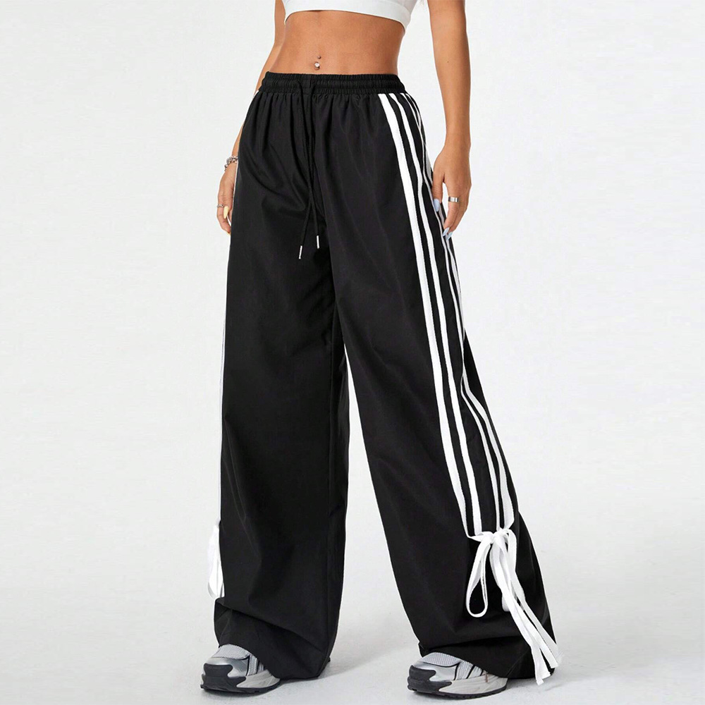 High Waist Wide Leg Pants Women's Spring Summer New Style Three Bars Drawstring Cuffed Straight Casual Extended Sports Trousers - Image 6