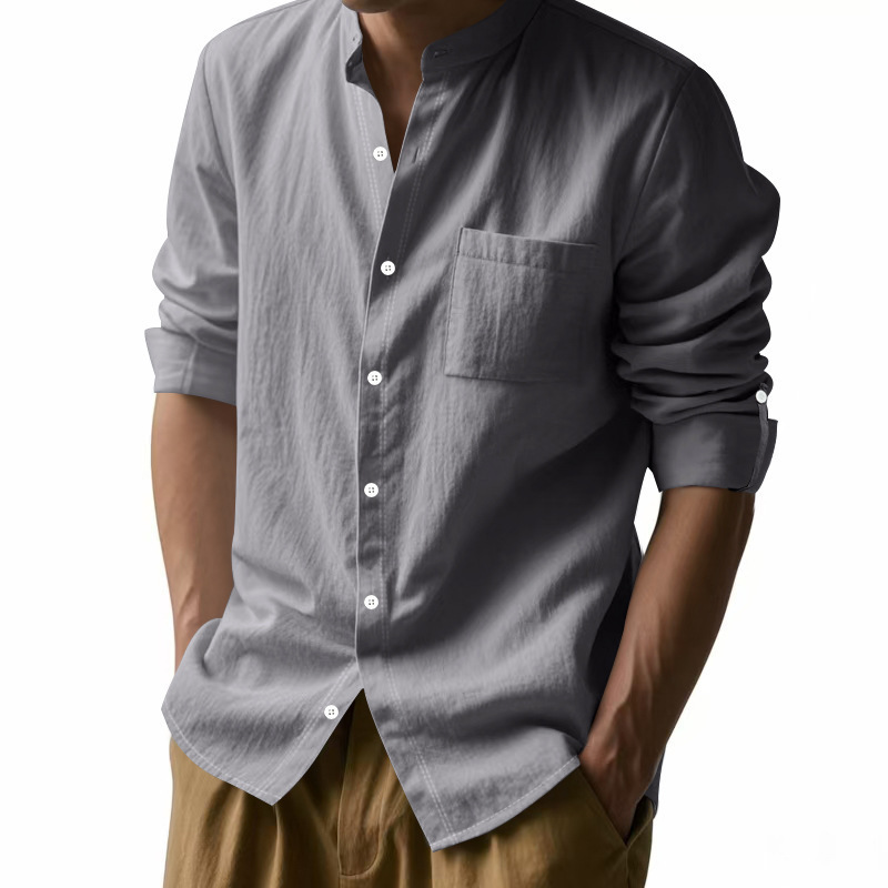 Long Sleeve Stand Collar Shirt With Pockets Casual Men's Clothing - Image 9